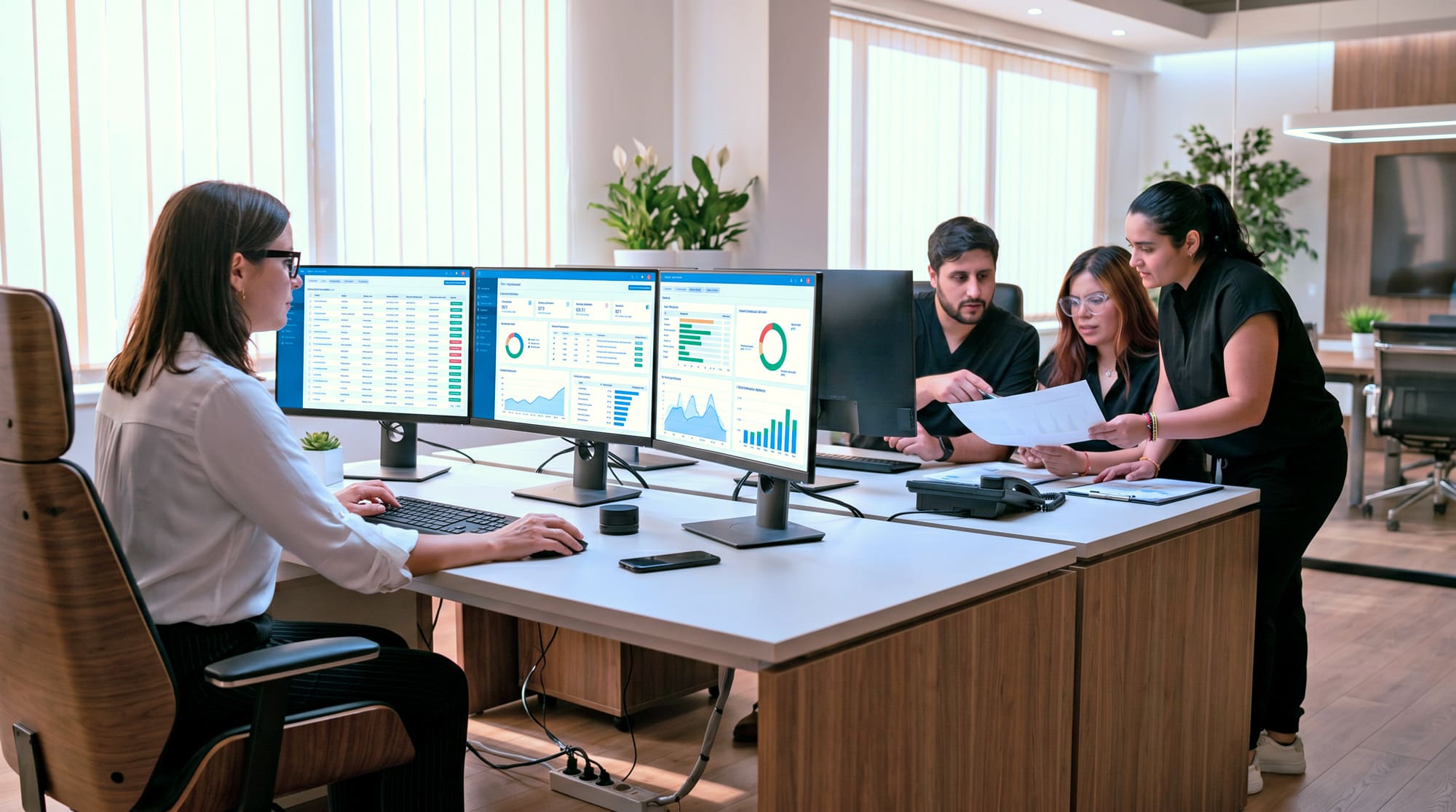 Clinical data manager and team reviewing study performance dashboards