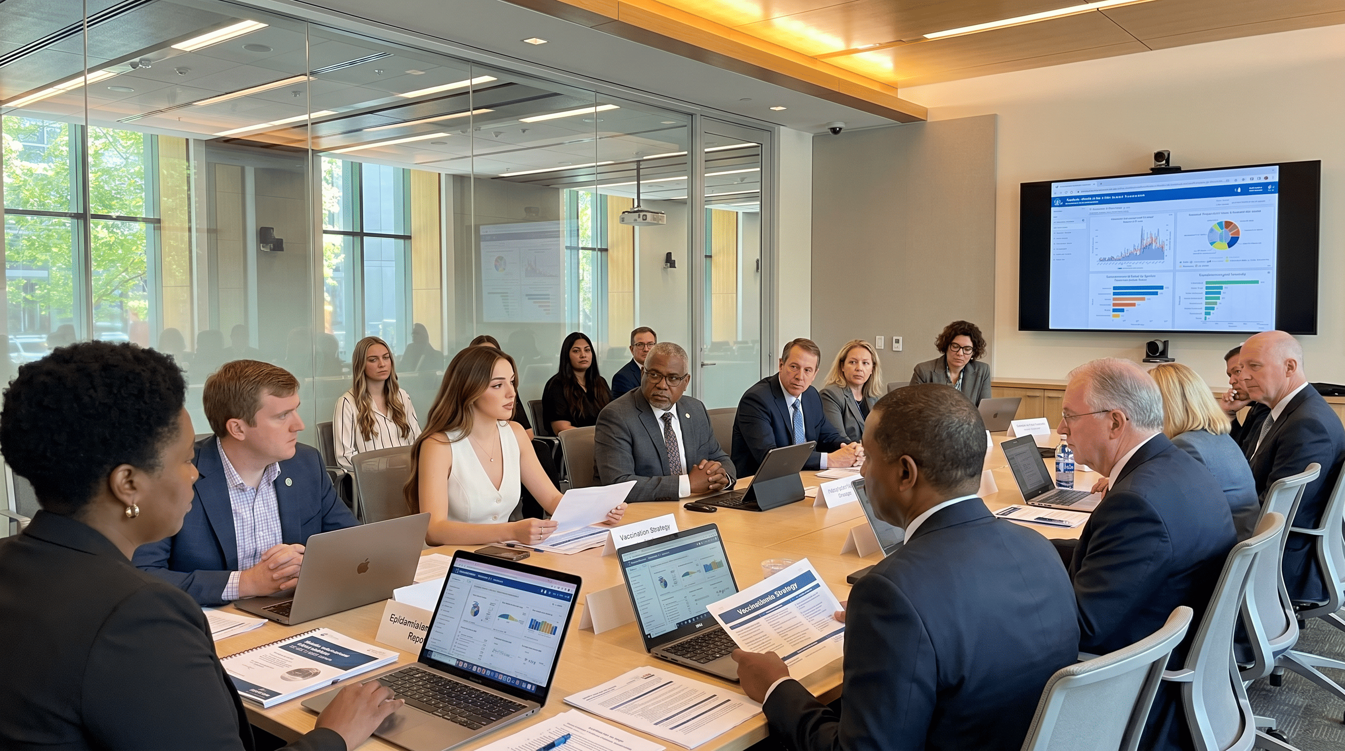 Public health leadership team collaborating with government health officials