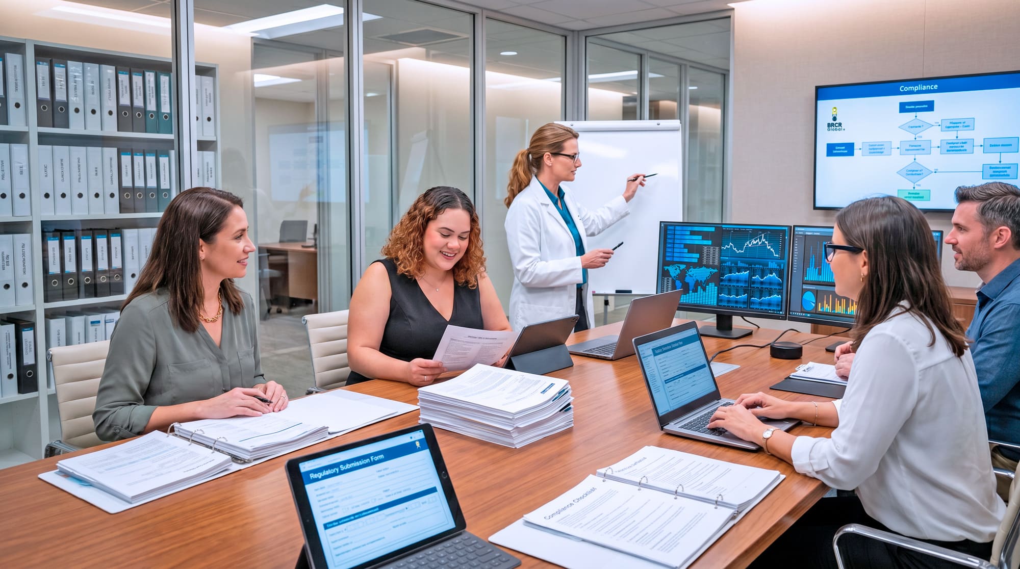 Regulatory affairs team reviewing an international regulatory submission package
